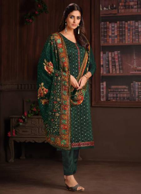 Dark Green Colour Fancy Designer Festive Wear Chinnon Embroidery Work Salwar Suit Collection 4786